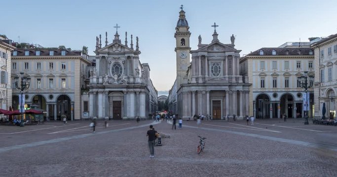 Time lapse of people and Chiesa di Piazza San Carlo Borromeo in San Carlo at dusk, Turin, Piedmont, Italy