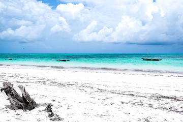 Fototapeta na wymiar Jambiani Beach, Zanzibar, Tanzania, Africa - View of the snag, boat, white sand and turquoise ocean