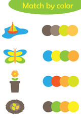 Matching game for children, connect colorful spring pictures with same color palette, preschool worksheet activity for kids, task for the development of logical thinking, vector illustration