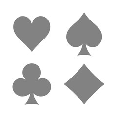 Playing cards suits. Spades, hearts, diamonds, clubs icons. Game cards signs. Isolated vector illustration