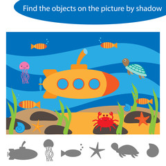 Obraz premium Find the objects by shadow, underwater game for children in cartoon style, education game for kids, preschool worksheet activity, task for the development of logical thinking, vector illustration