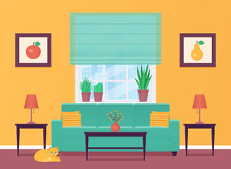Living room. Vector. Room interior with furniture. Home lounge with sofa and window. Cartoon house background. Colorful animated illustration in flat style. Banner design. Parlor in modern apartment.