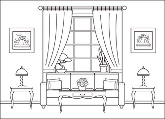 Room interior. Vector. Linear Living room with window in flat design. Outline background. Home space with furniture in line art. Cartoon house equipment. Salon. Thin line illustration. Coloring page.