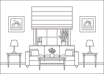 Living room interior. Linear room with window in flat design. Vector. Outline background. Home space with furniture in line art. Lounge line illustration. Cartoon house equipment. Coloring page.