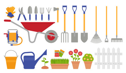 Garden tools. Gardening set. Vector. Instrument icons for horticulture rake, shovel, watering equipment, scissors, seed, plant, pruner. Collection isolated, white background. Cartoon flat illustration