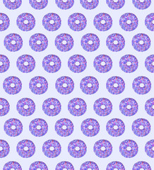 Seamless pattern, ornament. Donuts with purple glaze and colored splashes on violet background. food concept