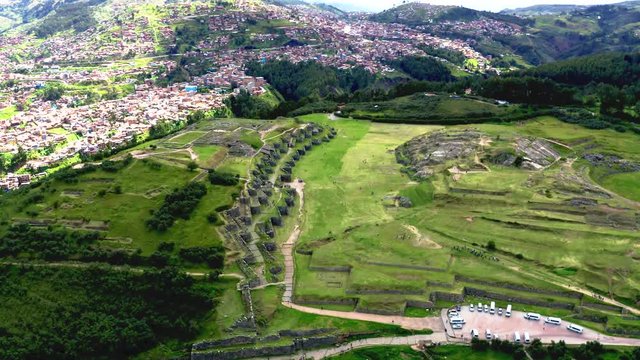 Scenic aerial top view of the inca ruins of Sacsayhuaman on the outskirts of Cusco, Peru. Archaeological site, an ancient Inca citadel.