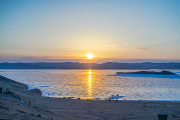  Big Toyunak Island at sunrise, Baikal Mountains, lake, ice, hummocks