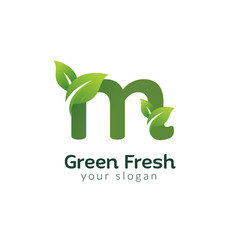 Eco green letter M logo design template. Green alphabet vector design with green and fresh leaf illustration.