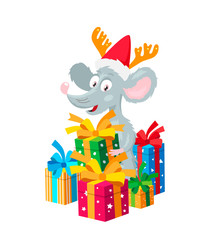 Little mouse in a red hat with deer horns surrounded by gift boxes.