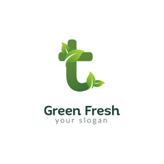 Eco green letter T logo design template. Green alphabet vector design with green and fresh leaf illustration.