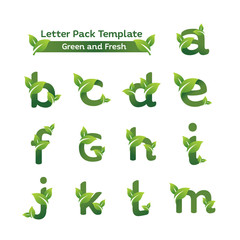 Eco green letter pack logo design template. Green alphabet vector design with green and fresh leaf illustration.