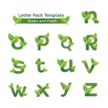 Eco green letter pack logo design template. Green alphabet vector design with green and fresh leaf illustration.