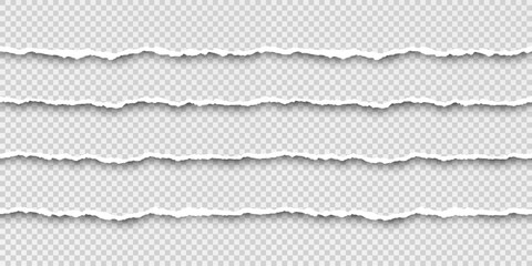 Set of tear seamless paper stripes. Paper texture with damaged edge. Vector illustration isolated on transparent background