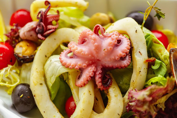 fish restaurant menu, fresh salad with seafood
