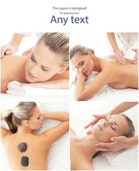 Lady getting spa treatment. Different pictures of women relaxing in spa. Health, recreation and massaging therapy.