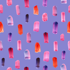 Seamless abstract pattern. Watercolor brush strokes on purple background. Fashion textile. Multicolored hand drawn stains. Trendy vector illustration.