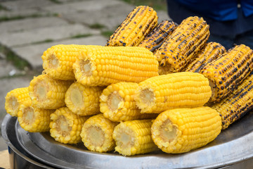 Close up of a group of freshly boiled and grilled sweet yellow corn on a grey surface in display at a food market