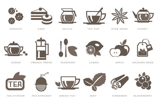 Tea Time Linear Icons Set, Cookie, Cake, Kettle, Cup, Sugar, French Press, Teaspoon, Lemon, Apple, Infusion Bag, Strainer Black Vector Illustrations