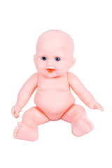 Baby doll isolated on white background. Boy baby doll toy isolated