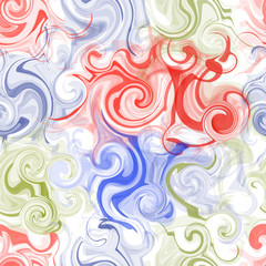 Seamless pattern with chaotic grunge swirled transparent colorful stripes on light backdrop