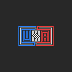 Abbreviation USA logo, emblem for t-shirt print or sticker design, patriotic monogram symbol colors American flag