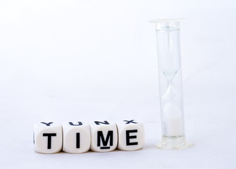 The term time in black text together with a hourglass isolated on a white background image with...