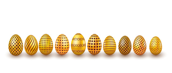 Fototapeta premium Gold Easter eggs set. 3d realistic egg design isolated on white background. Vector illustration