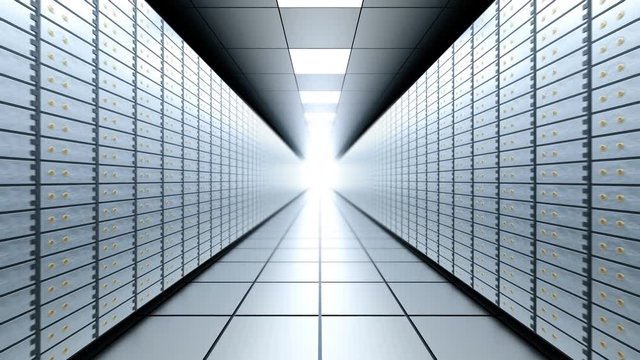 Moving through bright bank vault room with safety deposit boxes and light at the end, seamless loop