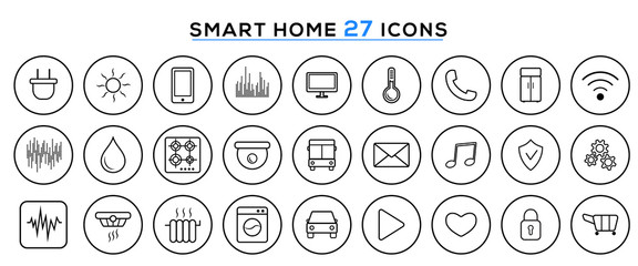 Set of smart home line icons, smart house automation system technology. IOT or Internet of things. Monitoring of home devices, security, thermostat, light, padlock. Flat vector illustration..