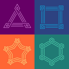 Fototapeta premium Creative geometric style linear frames set. Different color geometric shapes cornered frames with triple line borders.