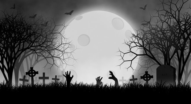 Halloween theme with hands of zombies in cemetery in creepy forest at night with full Moon.