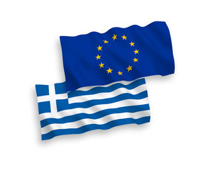 National vector fabric wave flags of European Union and Greece isolated on white background. 1 to 2 proportion.