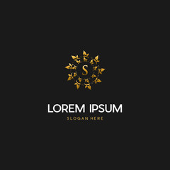 letter S Gold butterflies logo. initial text luxury logo. Butterfly Logo On Letter S Template. Initial Butterfly Sign Concept Template.