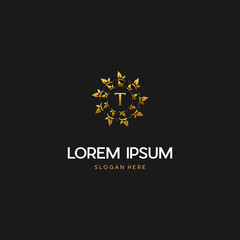 letter T Gold butterflies logo. initial text luxury logo. Butterfly Logo On Letter T Template. Initial Butterfly Sign Concept Template.