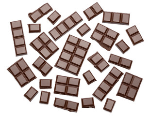 Dark organic chocolate pieces isolated on white background