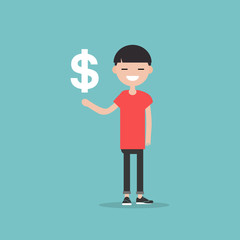 Young character with an imaginary sign dollar.Space for your text.Flat cartoon design