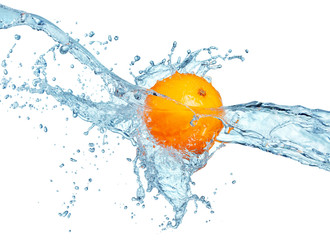orange in water splash isolated on white