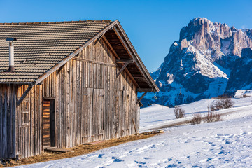 Dream atmosphere and views. Winter on the Alpe di Siusi, Dolomites. Italy