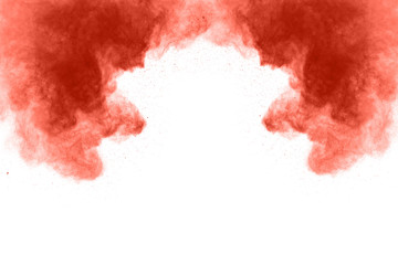 Living coral powder explosion on white background. Colored cloud. Colorful dust explode. Paint Holi.