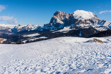 Dream atmosphere and views. Winter on the Alpe di Siusi, Dolomites. Italy