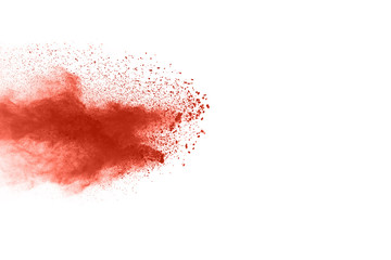 Living coral powder explosion on white background. Colored cloud. Colorful dust explode. Paint Holi.