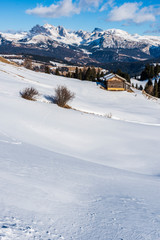 Fototapeta na wymiar Dream atmosphere and views. Winter on the Alpe di Siusi, Dolomites. Italy