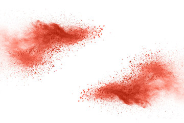 Living coral powder explosion on white background. Colored cloud. Colorful dust explode. Paint Holi.
