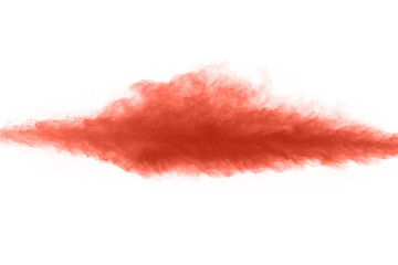 Living coral powder explosion on white background. Colored cloud. Colorful dust explode. Paint Holi.