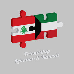 Jigsaw puzzle 3D of Lebanon flag and Kuwait flag with text: Friendship Lebanon & Kuwait. Concept of Friendly between both countries.