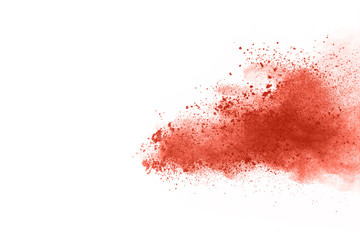 Living coral powder explosion on white background. Colored cloud. Colorful dust explode. Paint Holi.