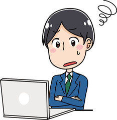 パソコンを見ながら困っている男性