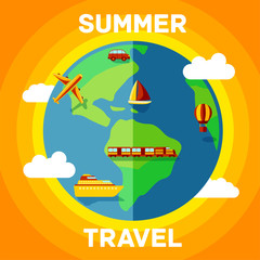Summer travel illustration with traveling around the globe different transport - car, airplane, ship, train, yacht, balloon. Vector