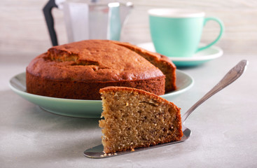 Traditional banana cake, sliced and served